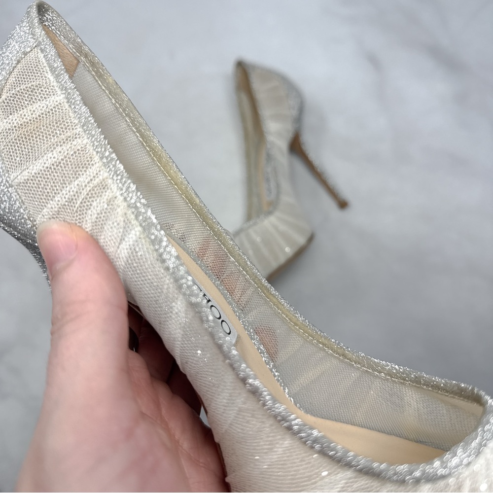 Jimmy Choo Silver and Ivory Glitter Mesh Pointed-Toe Heels - Picture 9 of 16
